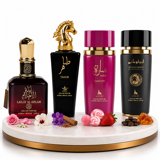 Комплект от 4 арабски парфюма (2х Мъжки + 2х Дамски) 100ML  - Lailat Al Ahlam + Tahir + Sara Candy + Apollo Black