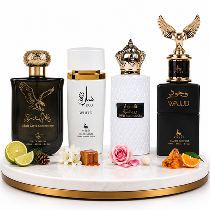Комплект от 4 арабски парфюма (2х Мъжки + 2х Дамски) 100ML  -  Ghala Zayed + Sara White + Oud Romancia + Wajud