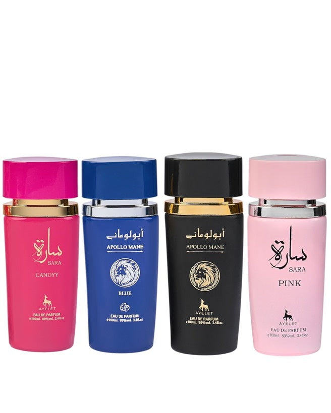 Комплект от 4 ориенталски парфюма (2 дамски + 2 мъжки) - Apollo Blue + Sara Candy + Sara Pink + Apollo Black
