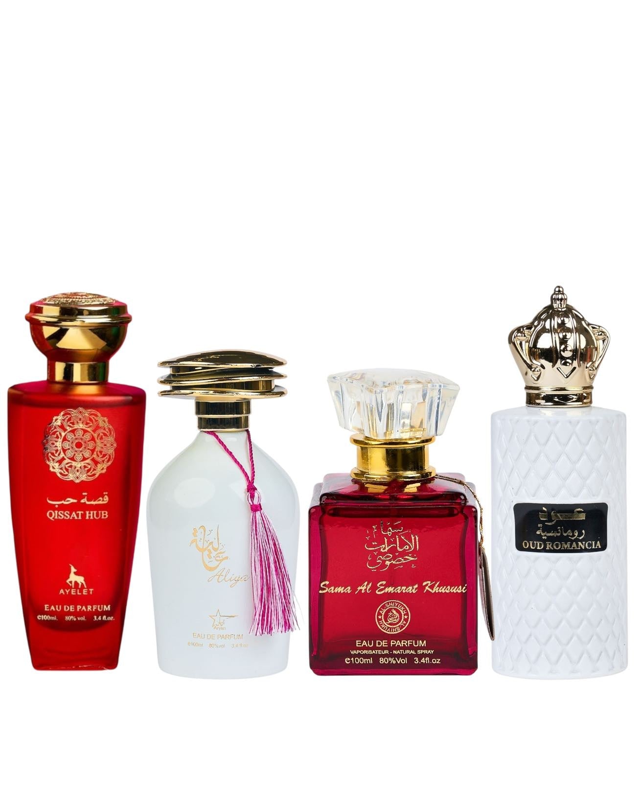 Комплект от 4 дамски ориенталски парфюма - Qissat Hub Red + Aliya + Sama Al Emarat + Oud Romancia 