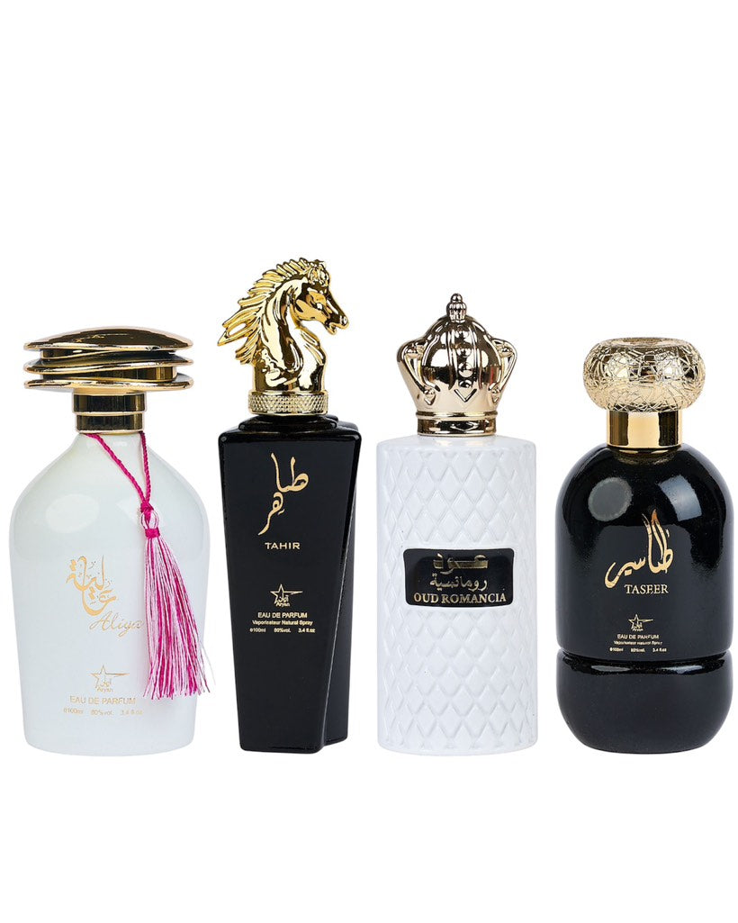 Комплект от 4 ориенталски парфюма (2 дамски + 2 мъжки) - Aliya + Tahir + Oud Romancia + Taseer