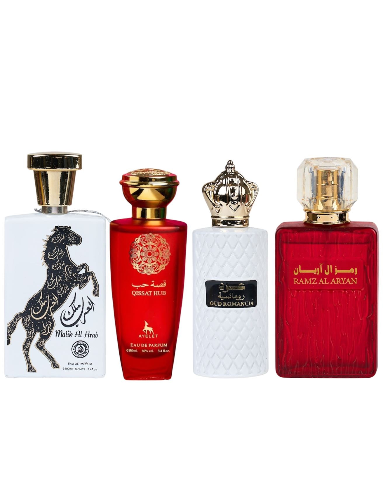 Комплект от 4 ориенталски парфюма (2 дамски + 2 мъжки) - Malik al Arab + Qissat Hub Red + Oud Romania + Ramz Aryan 