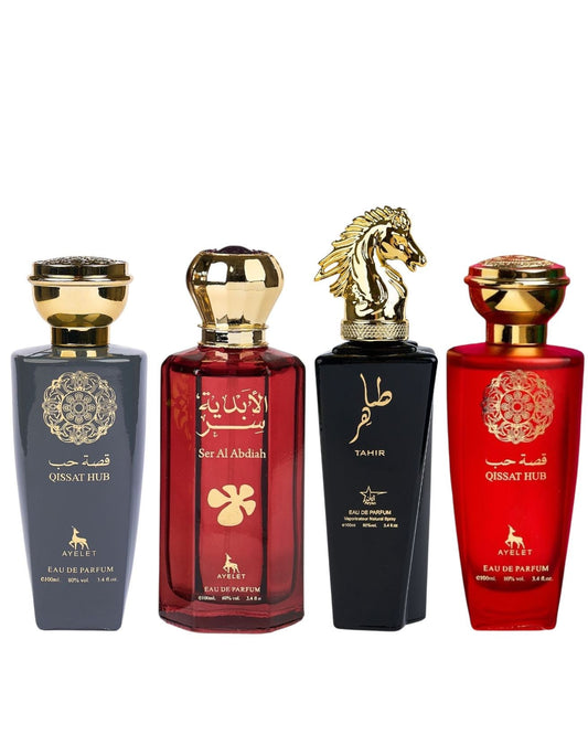 Комплект от 4 ориенталски парфюма (2 дамски + 2 мъжки) - Qissat Hub Gray + Ser Al Abdiah + Tahir + Qissat Hub Red 