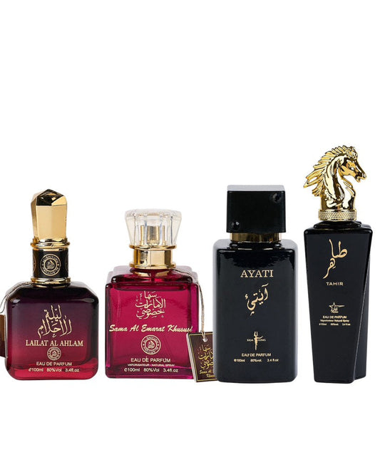 Комплект от 4 ориенталски парфюма (2 дамски + 2 мъжки) - Lailat al Ahlam + Sama Al Emarat + Ayati Black + Tahir 
