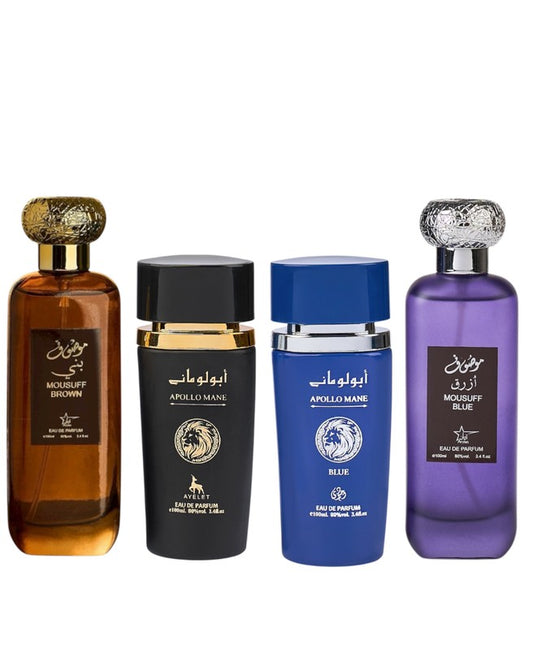 Комплект от 4 мъжки ориенталски парфюма - Moussuff Brown + Apollo Black + Apollo Blue + Moussuff Blue 