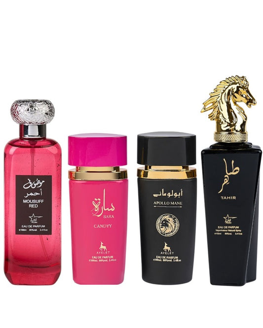 Комплект от 4 ориенталски парфюма (2 дамски + 2 мъжки) - Moussuff Red + Sara Candy + Apollo Black + Tahir