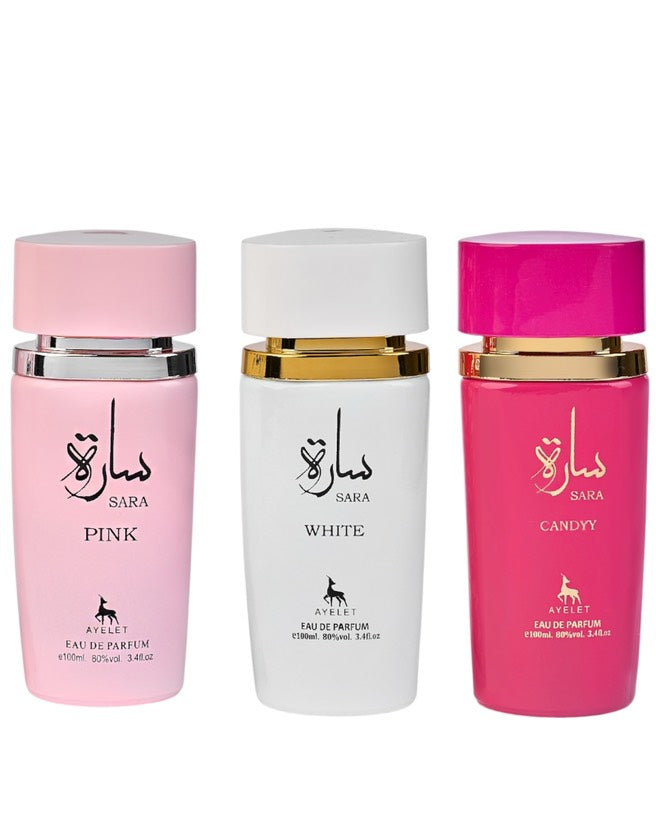 Комплект от 3 дамски ориенталски парфюма - Sara Pink + Sara White + Sara Candy 