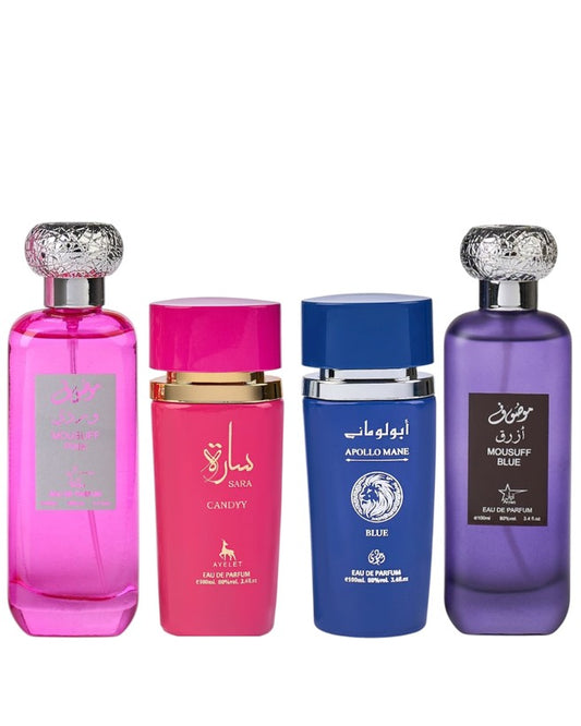 Комплект от 4 ориенталски парфюма (2 дамски + 2 мъжки) - Mousuff Pink + Sara Candy + Apollo Blue + Mousuff Blue