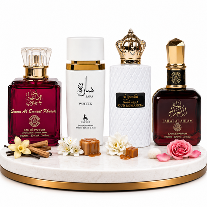 Комплект от 4 арабски дамски парфюма 100ML - Sama Al Emarat Khususi + Sara White + Oud Romancia + Lailat Al Ahlam