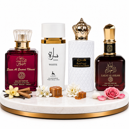 Комплект от 4 арабски дамски парфюма 100ML - Sama Al Emarat Khususi + Sara White + Oud Romancia + Lailat Al Ahlam