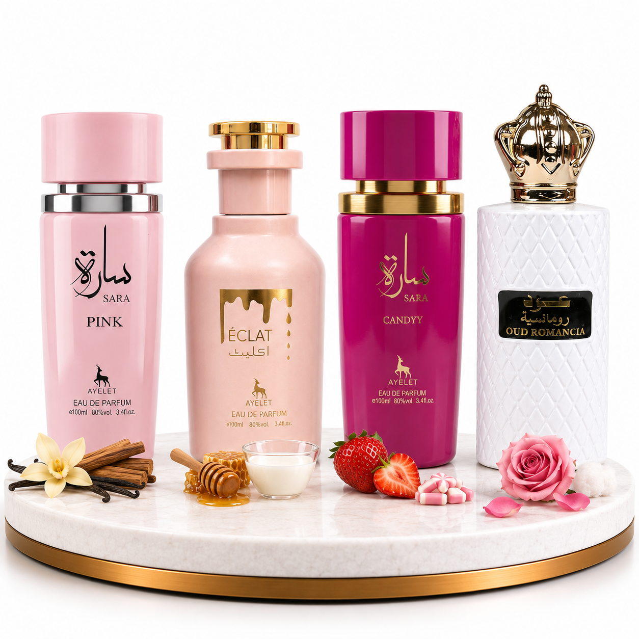 Комплект от 4 арабски дамски парфюма 100ML - Sara Candy + Eclat + Sara Pink + Oud Romancia