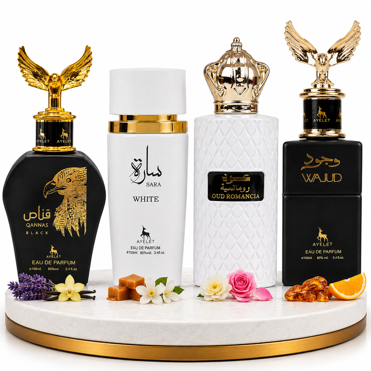 Комплект от 4 арабски парфюма (2х Мъжки + 2х Дамски) 100ML  -  Qannas Black + Sara White + Oud Romancia + Wajud