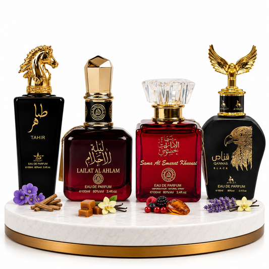 Комплект от 4 арабски парфюма (2х Мъжки + 2х Дамски) 100ML - Tahir + Lailat Al Ahlam + Sama Al Emarat Khususi + Qannas Black