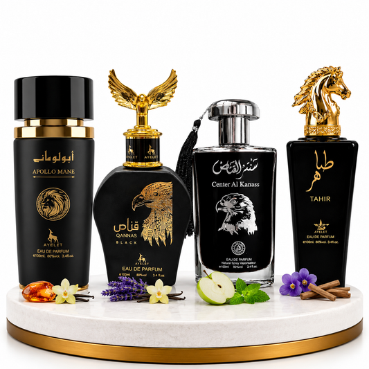 Комплект от 4 арабски мъжки парфюма 100ML - Center Al Kanass Silver + Tahir + Qannas Black  + Apollo Mane Black