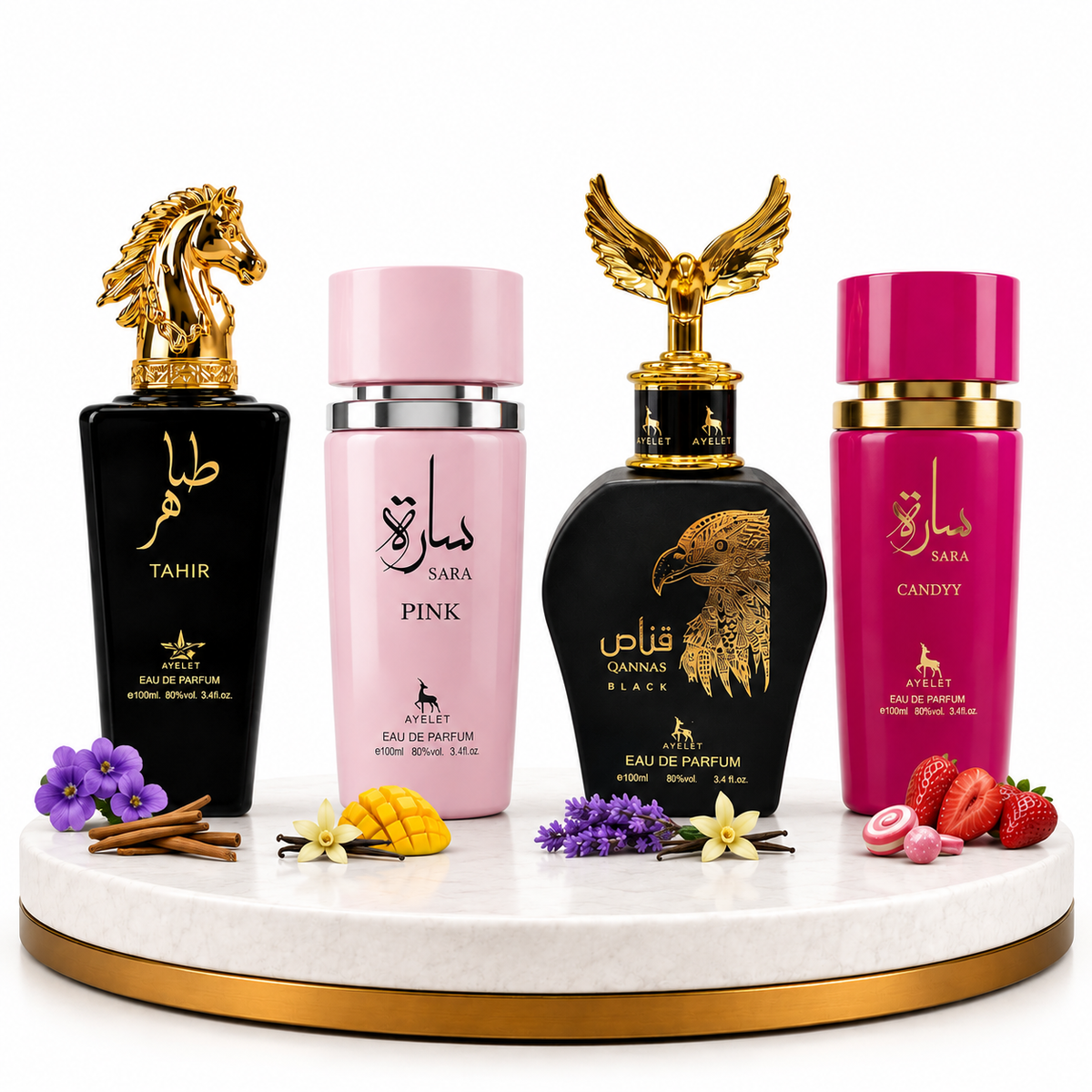 Комплект от 4 арабски парфюма (2х Мъжки + 2х Дамски) 100ML  -  Qannas Black  + Sara Candy + Tahir + Sara Pink