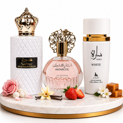 Комплект от 3 дамски ориенталски парфюма - Oud Romancia + Sara White + Antarctic Pink