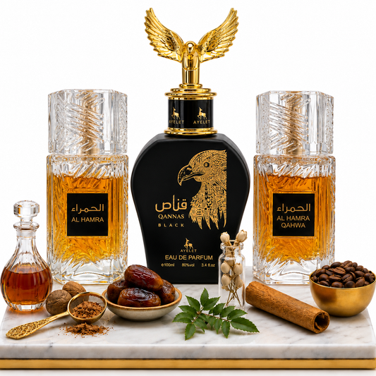 Комплект от 3 мъжки ориенталски парфюма 100ML - Al Hamra Royal  + Qannas Black + Al Hamra Qahwa