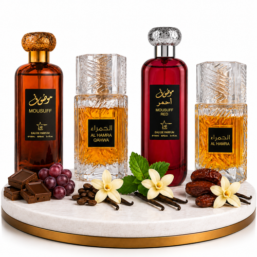 Комплект от 4 арабски парфюма (2х Мъжки + 2х Дамски) 100ML  -  Mousuff Brown + Al Hamra Qahwa + Al Hamra Royal + Mousuff Red