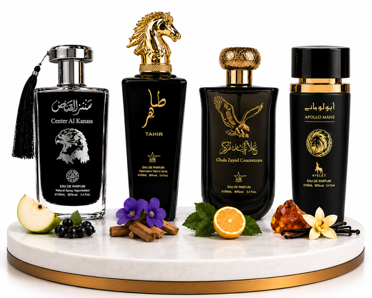 Комплект от 4 арабски мъжки парфюма 100ML - Center Al Kanass Silver + Tahir + Ghala Zayed + Apollo Mane Black