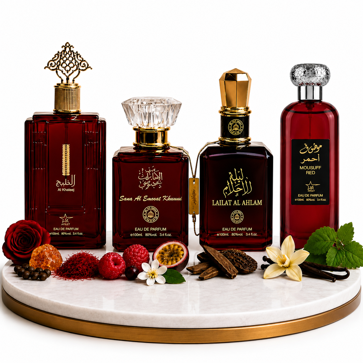 Комплект от 4 арабски дамски парфюма 100ML - Al Khaleej + Sama Al Emarat + Lailat Al Ahlam + Mousuff Red