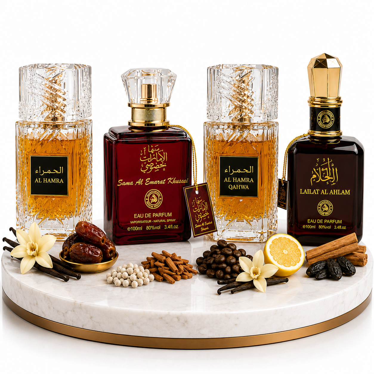 Комплект от 4 арабски дамски парфюма 100ML - Al Hamra Royal + Sama Al Emarat Khususi + Al Hamra Qahwa + Lailat Al Ahlam