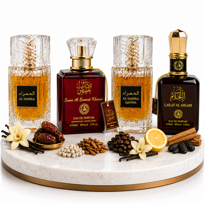 Комплект от 4 арабски дамски парфюма 100ML - Al Hamra Royal + Sama Al Emarat Khususi + Al Hamra Qahwa + Lailat Al Ahlam