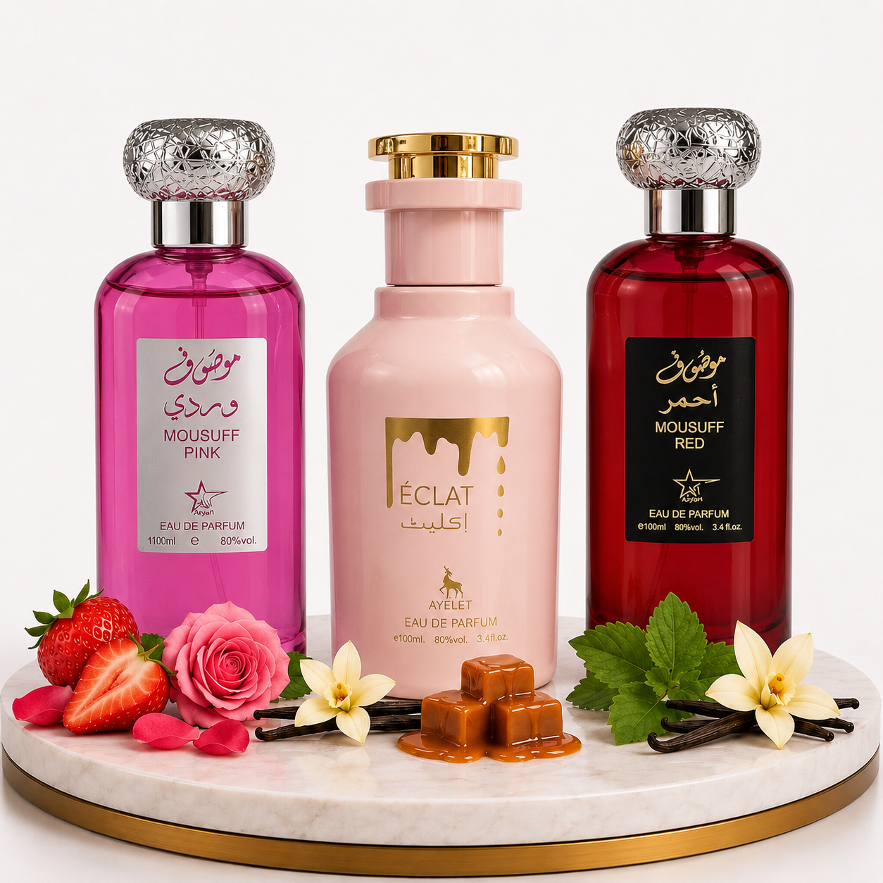 Комплект от 3 дамски ориенталски парфюма - Mousuff Pink + Eclat + Mousuff Red