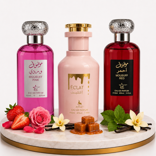 Комплект от 3 дамски ориенталски парфюма - Mousuff Pink + Eclat + Mousuff Red