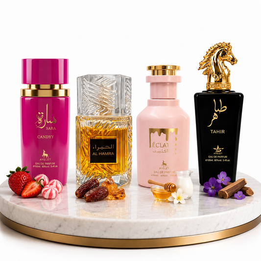 Комплект от 4 арабски парфюма (2х Мъжки + 2х Дамски) 100ML  -  Sara Candy + Al Hamra Royal + Eclat + Tahir