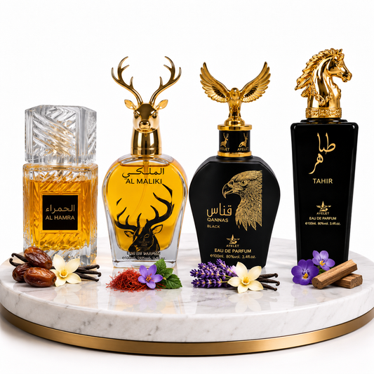 Комплект от 4 арабски мъжки парфюма 100ML - Tahir + Qannas Black + Al Hamra Royal + Maliki