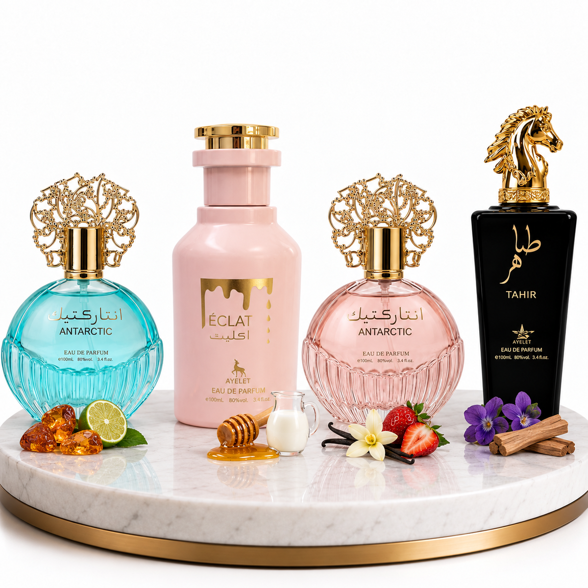 Комплект от 4 арабски парфюма (2х Мъжки + 2х Дамски) 100ML  -  Antarctic Blue + Eclat + Antarctic Pink + Tahir