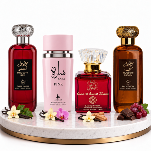 Комплект от 4 арабски парфюма (2х Мъжки + 2х Дамски) 100ML - Mousuff Brown + Sara Pink + Sama Al Emarat Khususi + Mousuff Red