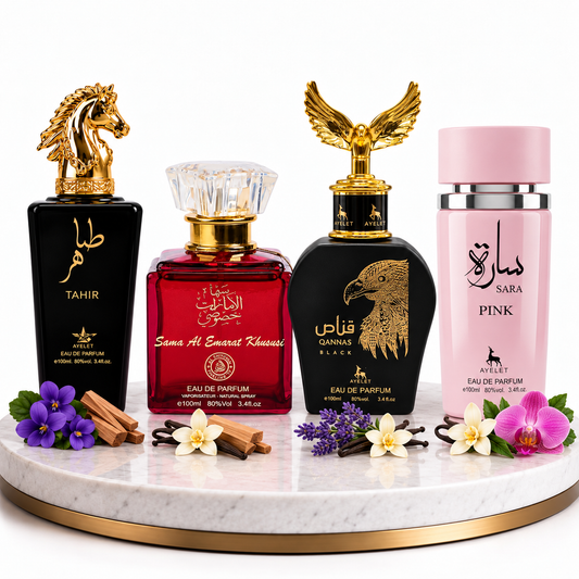 Комплект от 4 арабски парфюма (2х Мъжки + 2х Дамски) 100ML - Tahir + Sara Pink + Sama Al Emarat Khususi + Qannas Black