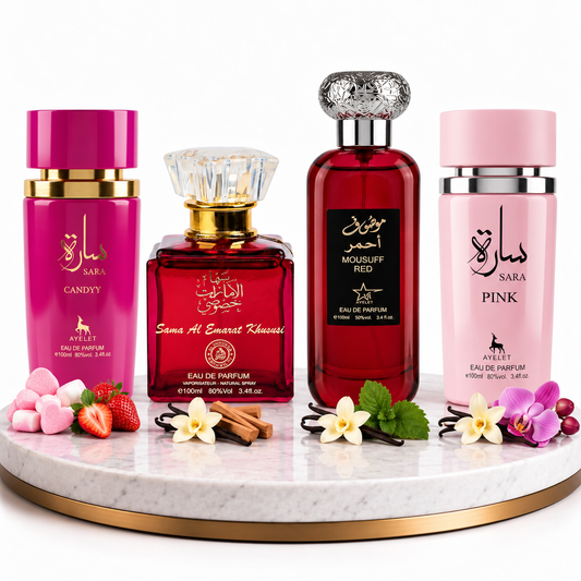 Комплект от 4 арабски дамски парфюма 100ML - Sara Candy + Mousuff Red + Sara Pink + Sama Al Emarat Khususi