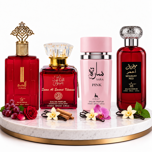Комплект от 4 арабски дамски парфюма 100ML - Al Khaleej + Sama Al Emarat + Sara Pink + Mousuff Red