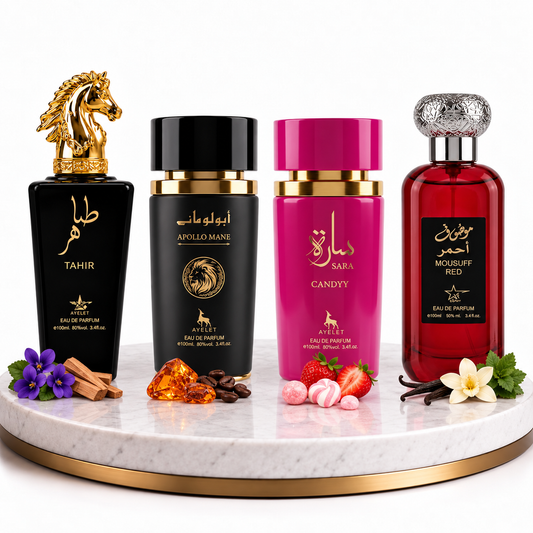 Комплект от 4 арабски парфюма (2х Мъжки + 2х Дамски) 100ML  - Mousuff Red + Tahir + Sara Candy + Apollo Black