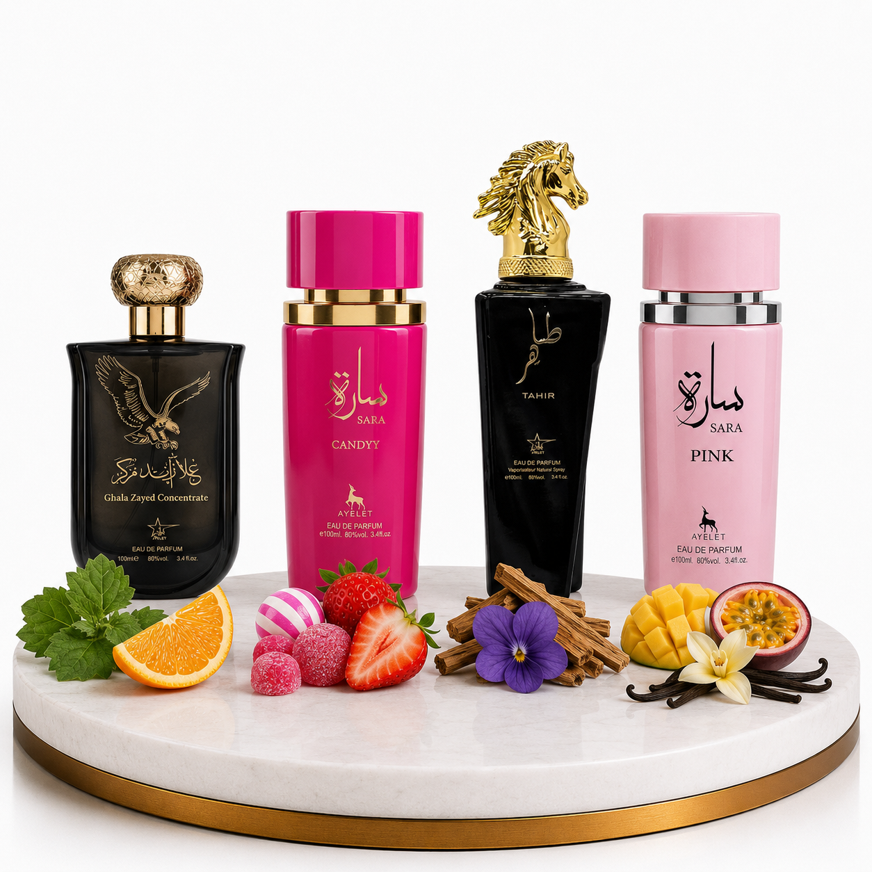Комплект от 4 арабски парфюма (2х Мъжки + 2х Дамски) 100ML  -  Ghala Zayed + Sara Candy + Tahir + Sara Pink