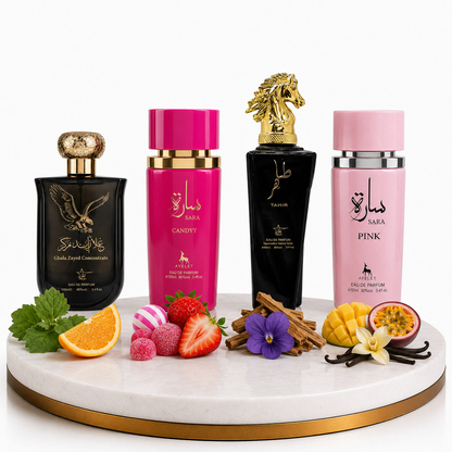 Комплект от 4 арабски парфюма (2х Мъжки + 2х Дамски) 100ML  -  Ghala Zayed + Sara Candy + Tahir + Sara Pink