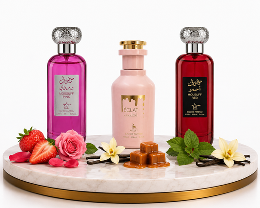 Комплект от 3 дамски ориенталски парфюма - Mousuff Pink + Eclat + Mousuff Red