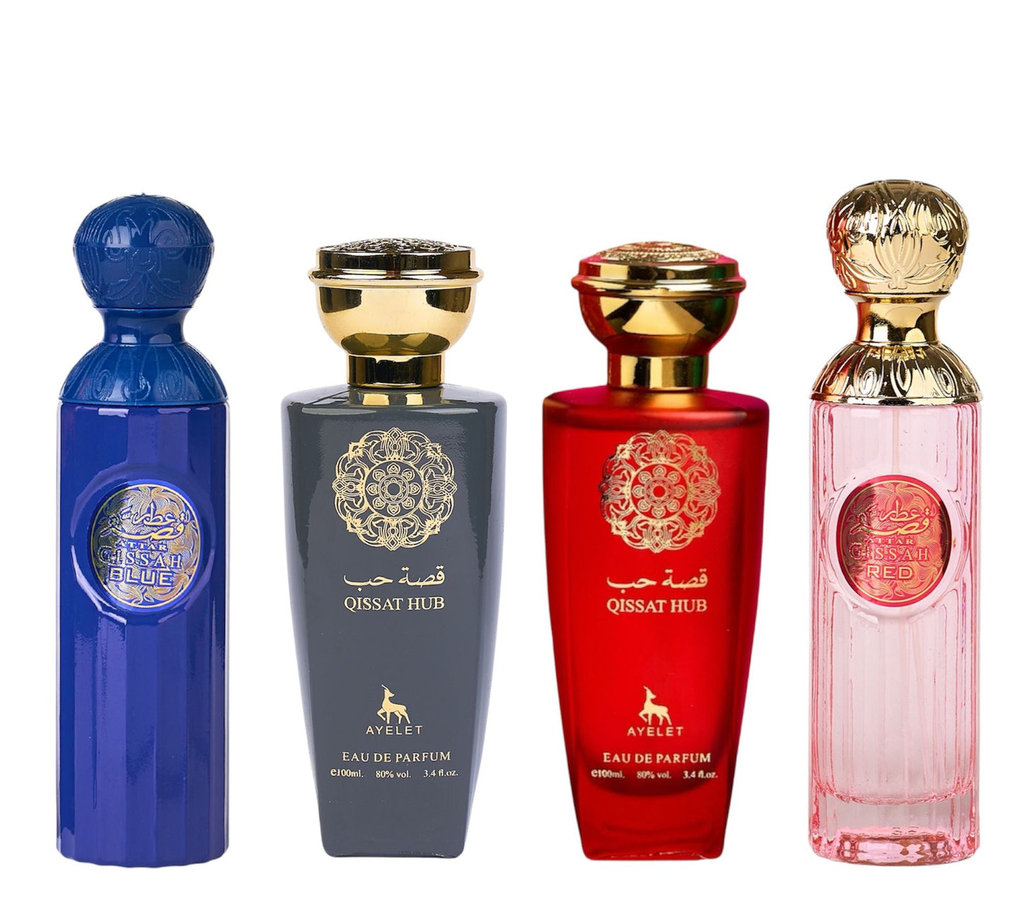 Комплект от 4 ориенталски парфюма (2 дамски + 2 мъжки) - Attar Gissah Blue + Qissat Hub Gray + Qissat Hub Red + Attar Gissah Red