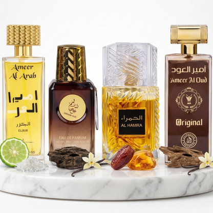 Комплект от 4 арабски мъжки парфюма 100ML - Ameer Al Arab Elixir + Dirham Oud + Al Hamra + Ameer Al Oud Original
