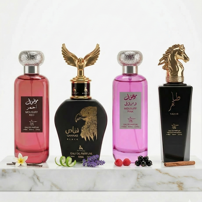 Комплект от 4 арабски парфюма (2х Мъжки + 2х Дамски) 100ML  -   Mousuff Red + Qannas Black + Mousuff Pink + Tahir