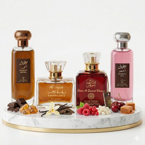 Комплект от 4 арабски парфюма (2х Мъжки + 2х Дамски) 100ML - Mousuff Brown + Raghba Gold + Sama Al Emarat Khususi + Mousuff Red