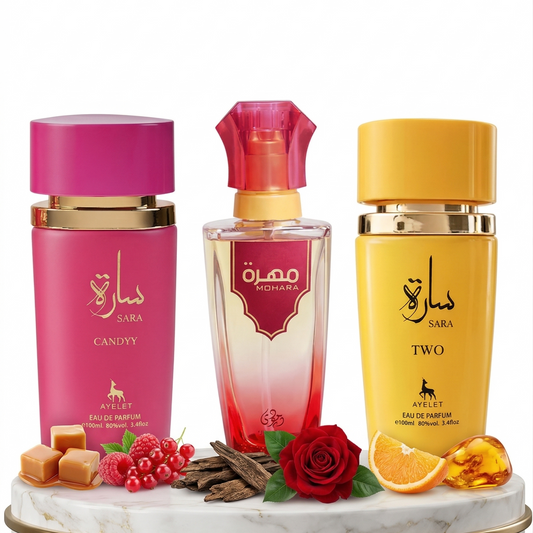 Комплект от 3 дамски ориенталски парфюма 100ML - Sara Candy + Mohara + Sara Two