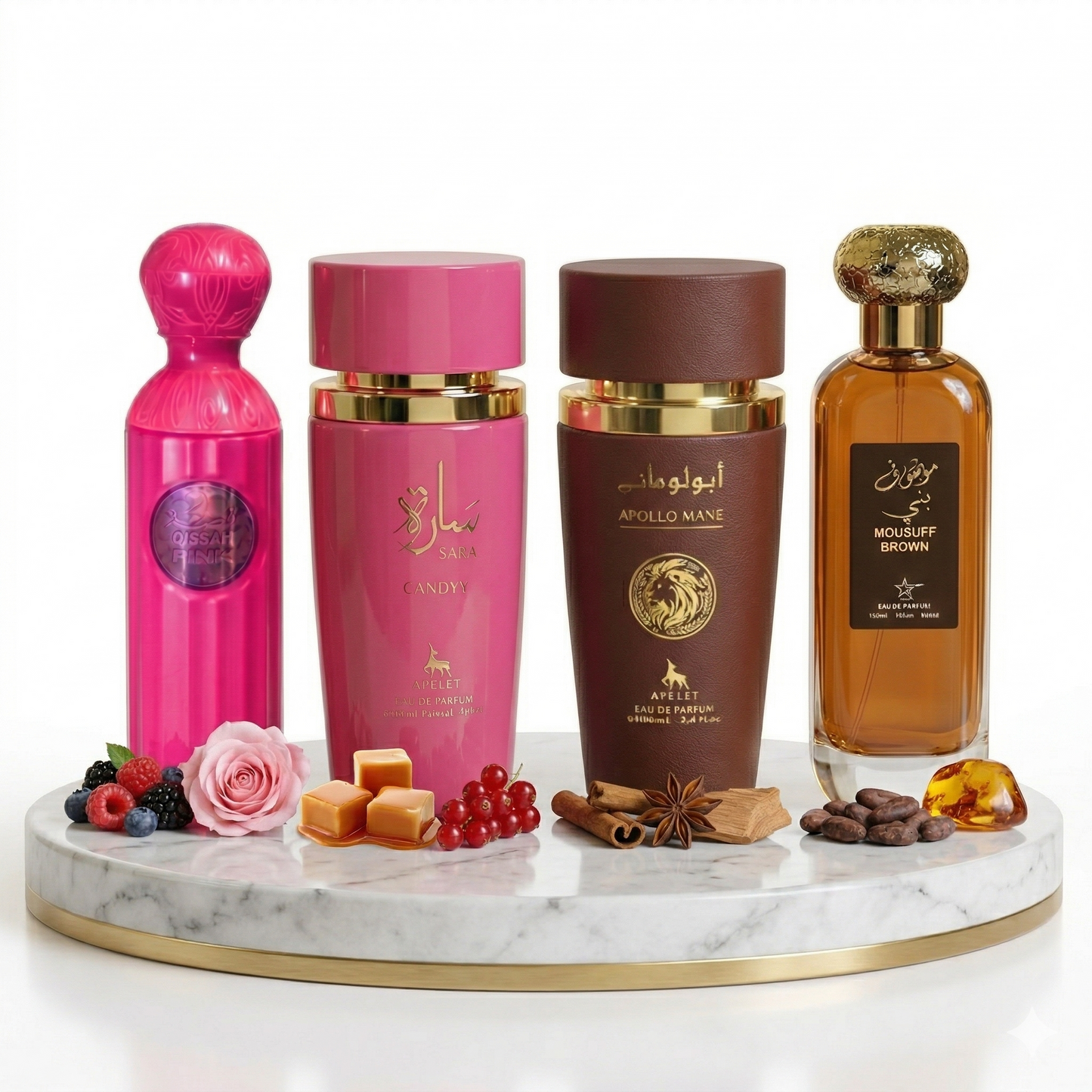 Комплект от 4 арабски парфюма (2х Мъжки + 2х Дамски) 100ML - Sara Candy + Qissah Pink + Apollo Mane Brown + Mousuff Brown
