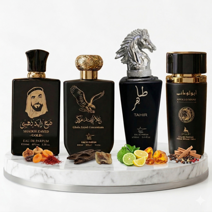 Комплект от 4 арабски мъжки парфюма 100ML - Sheikh Zayed Gold+ Ghala Zayed + Tahir + Apollo Mane Black