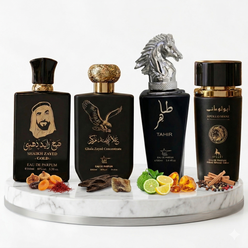 Комплект от 4 арабски мъжки парфюма 100ML - Sheikh Zayed Gold+ Ghala Zayed + Tahir + Apollo Mane Black