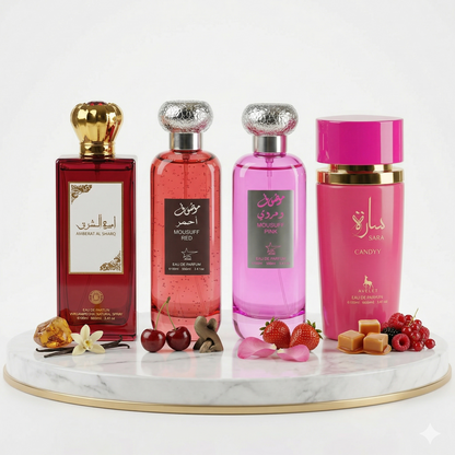Комплект от 4 арабски дамски парфюма 100ML - Ameerat Al Sharq + Mousuff Red + Mousuff Pink + Sara Candy