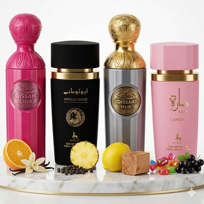 Комплект от 4 арабски парфюма (2х Мъжки + 2х Дамски) 100ML - Qissah Pink + Apollo Mane + Qissah Grey + Sara Candy