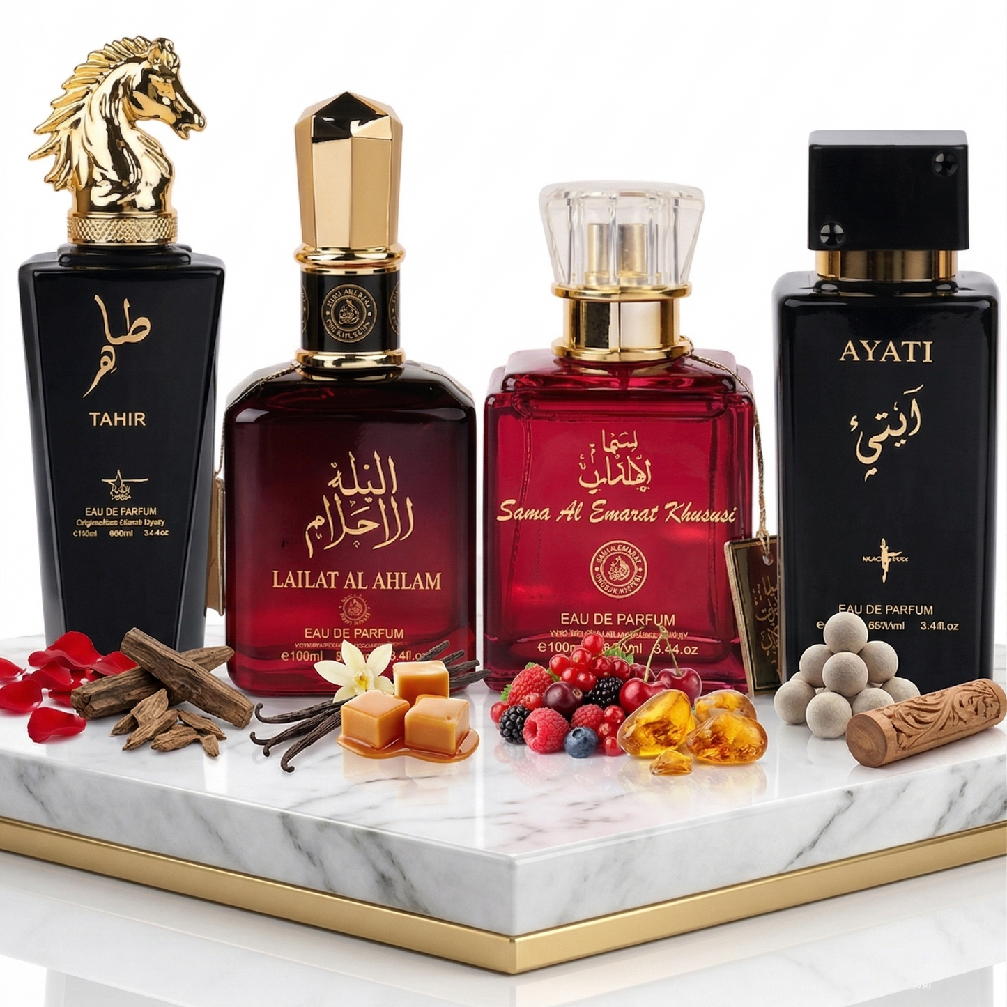 Комплект от 4 арабски парфюма (2х Мъжки + 2х Дамски) 100ML - Tahir + Lailat Al Ahlam + Sama Al Emarat Khususi + Ayati